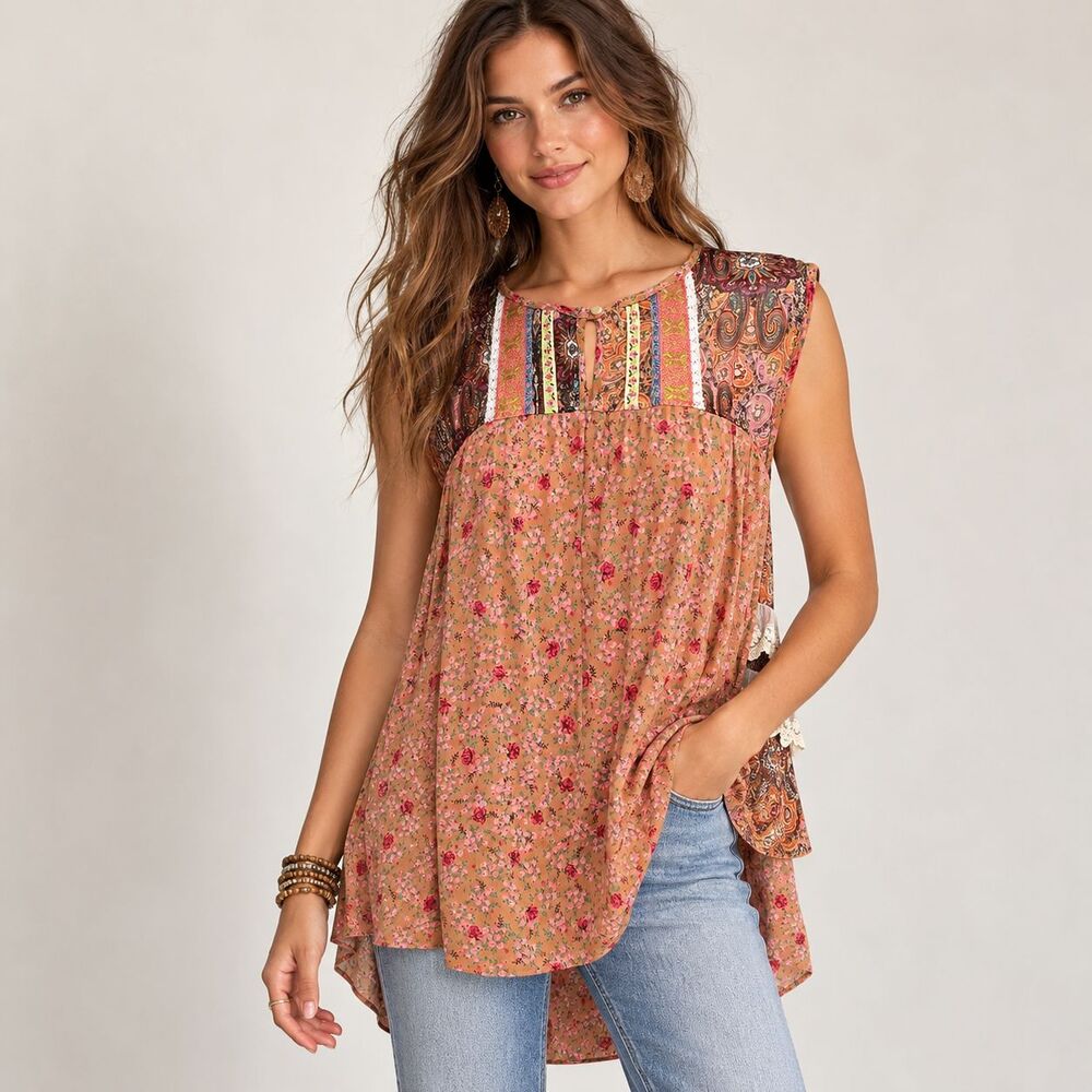 Ivy Jane Floral Paisley Patchwork Tunic Top M Lace Ruffle Boho Made in USA